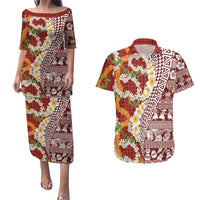 Hawaiian Plumeria Lei Couples Matching Puletasi and Hawaiian Shirt Kakau Motifs and Palaka Half Style Red Color - Polynesian Pride
