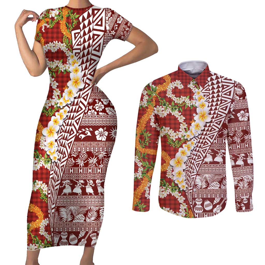 Hawaiian Plumeria Lei Couples Matching Short Sleeve Bodycon Dress and Long Sleeve Button Shirt Kakau Motifs and Palaka Half Style Red Color - Polynesian Pride