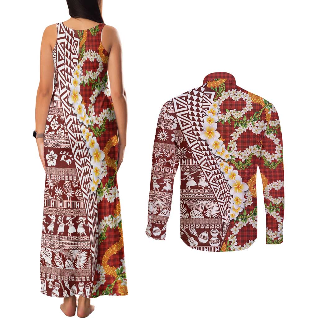 Hawaiian Plumeria Lei Couples Matching Tank Maxi Dress and Long Sleeve Button Shirt Kakau Motifs and Palaka Half Style Red Color - Polynesian Pride