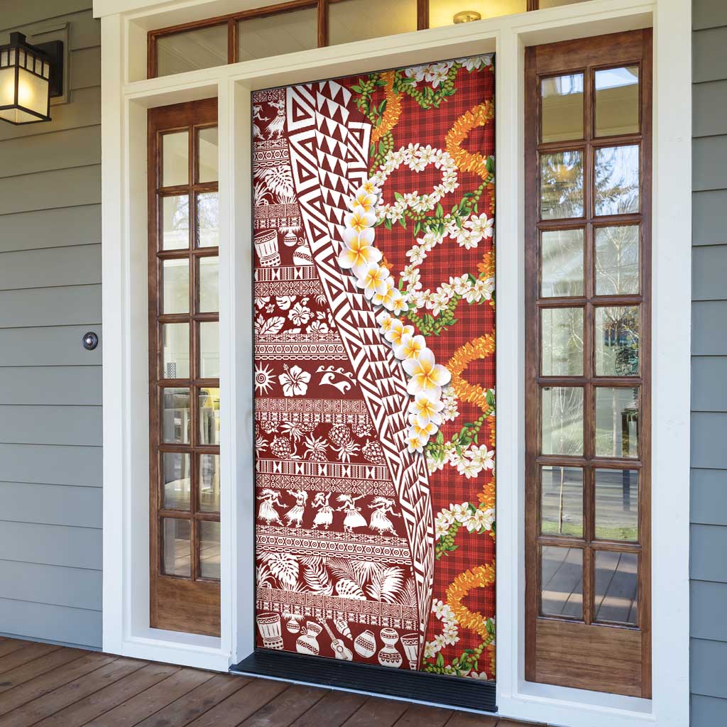 Hawaiian Plumeria Lei Door Cover Kakau Motifs and Palaka Half Style Red Color - Polynesian Pride