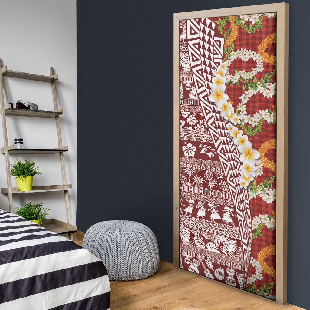 Hawaiian Plumeria Lei Door Cover Kakau Motifs and Palaka Half Style Red Color - Polynesian Pride
