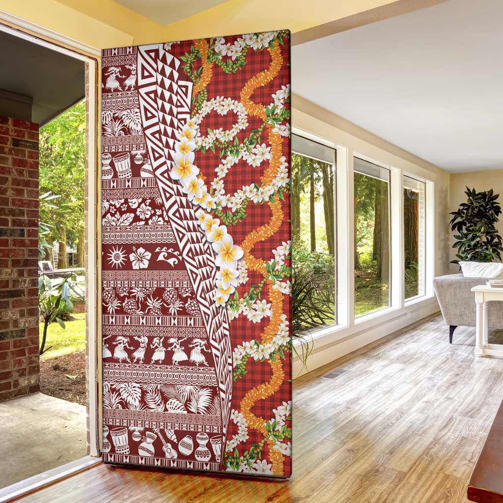 Hawaiian Plumeria Lei Door Cover Kakau Motifs and Palaka Half Style Red Color - Polynesian Pride