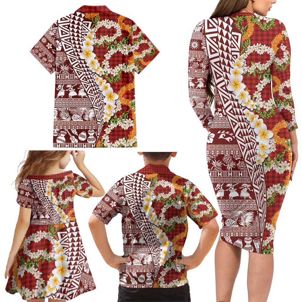 Hawaiian Plumeria Lei Family Matching Long Sleeve Bodycon Dress and Hawaiian Shirt Kakau Motifs and Palaka Half Style Red Color - Polynesian Pride