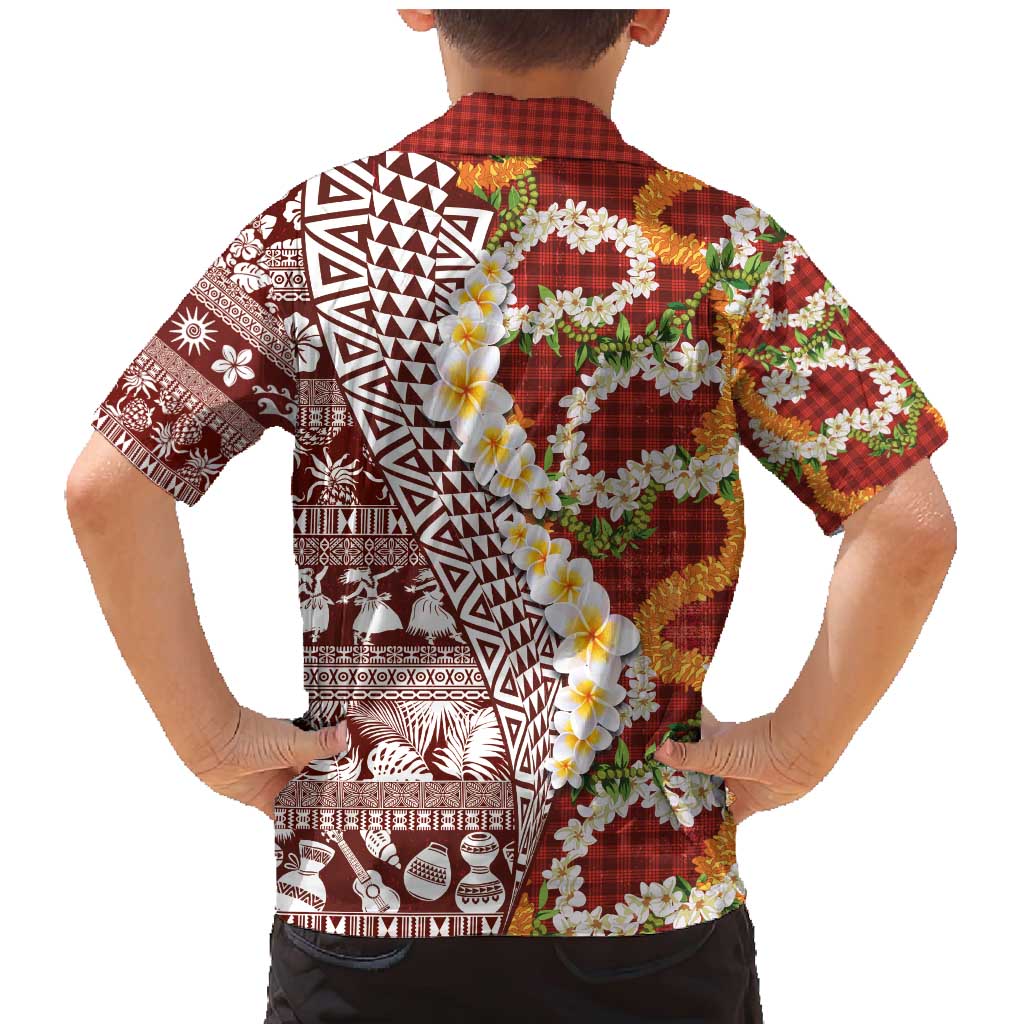 Hawaiian Plumeria Lei Family Matching Mermaid Dress and Hawaiian Shirt Kakau Motifs and Palaka Half Style Red Color - Polynesian Pride