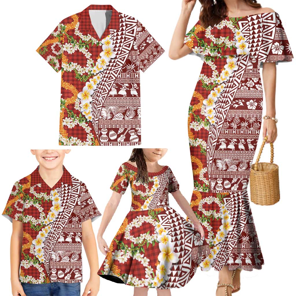 Hawaiian Plumeria Lei Family Matching Mermaid Dress and Hawaiian Shirt Kakau Motifs and Palaka Half Style Red Color - Polynesian Pride