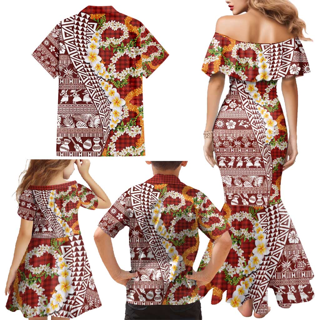 Hawaiian Plumeria Lei Family Matching Mermaid Dress and Hawaiian Shirt Kakau Motifs and Palaka Half Style Red Color - Polynesian Pride