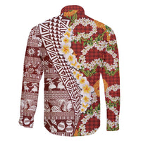 Hawaiian Plumeria Lei Family Matching Mermaid Dress and Hawaiian Shirt Kakau Motifs and Palaka Half Style Red Color - Polynesian Pride