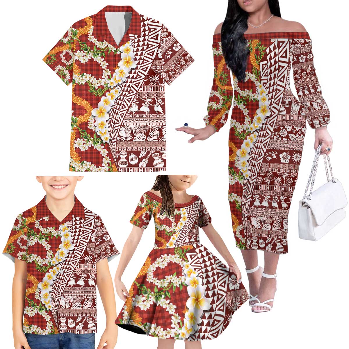 Hawaiian Plumeria Lei Family Matching Off The Shoulder Long Sleeve Dress and Hawaiian Shirt Kakau Motifs and Palaka Half Style Red Color - Polynesian Pride