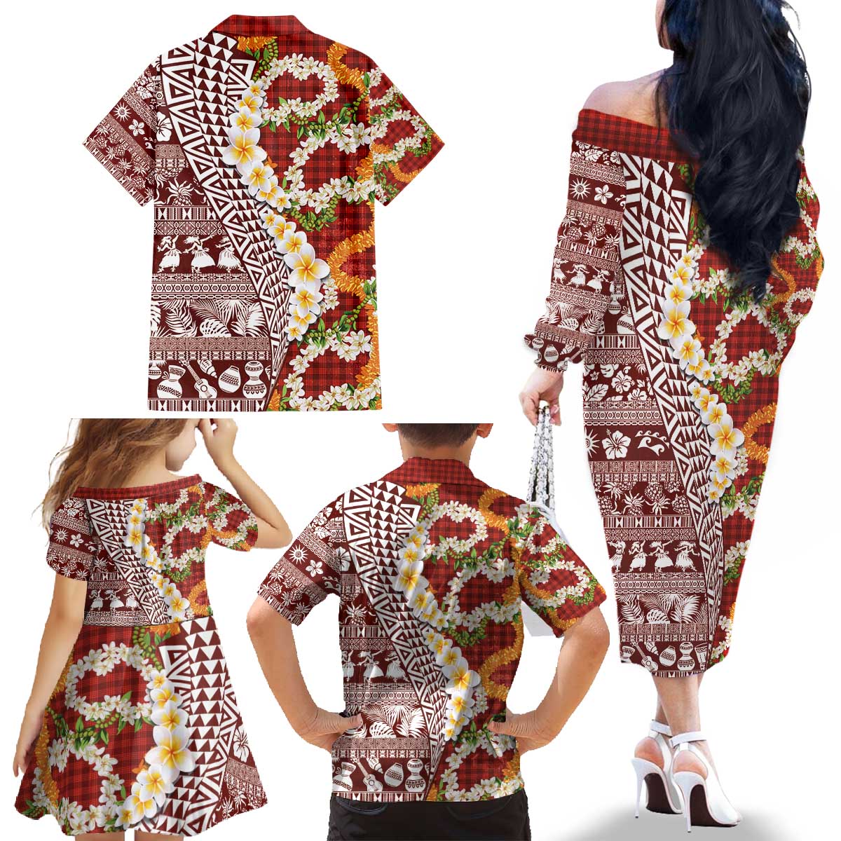 Hawaiian Plumeria Lei Family Matching Off The Shoulder Long Sleeve Dress and Hawaiian Shirt Kakau Motifs and Palaka Half Style Red Color - Polynesian Pride