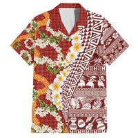 Hawaiian Plumeria Lei Family Matching Off The Shoulder Long Sleeve Dress and Hawaiian Shirt Kakau Motifs and Palaka Half Style Red Color - Polynesian Pride