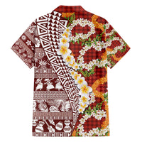 Hawaiian Plumeria Lei Family Matching Off The Shoulder Long Sleeve Dress and Hawaiian Shirt Kakau Motifs and Palaka Half Style Red Color - Polynesian Pride
