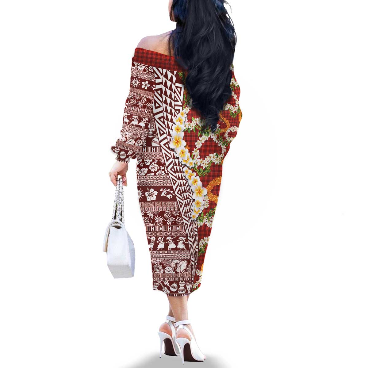 Hawaiian Plumeria Lei Family Matching Off The Shoulder Long Sleeve Dress and Hawaiian Shirt Kakau Motifs and Palaka Half Style Red Color - Polynesian Pride