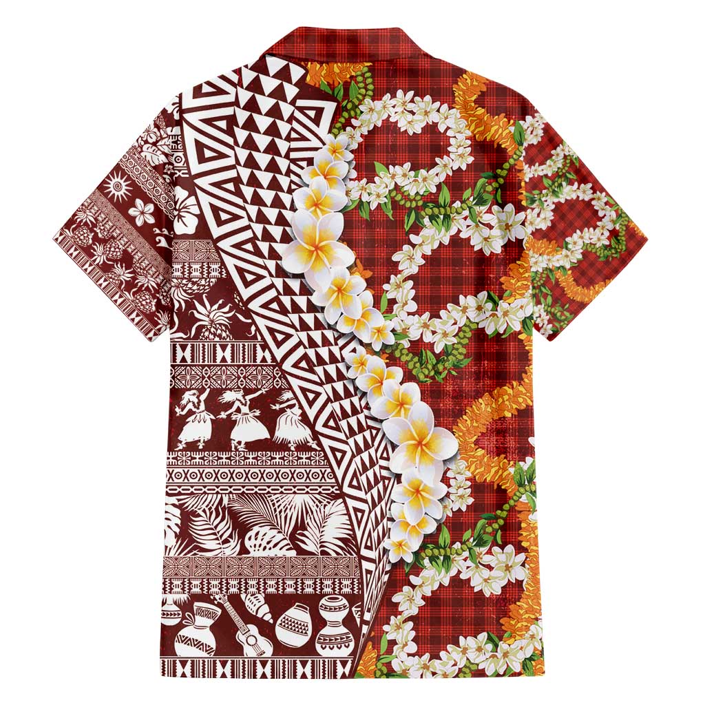 Hawaiian Plumeria Lei Family Matching Off Shoulder Maxi Dress and Hawaiian Shirt Kakau Motifs and Palaka Half Style Red Color - Polynesian Pride