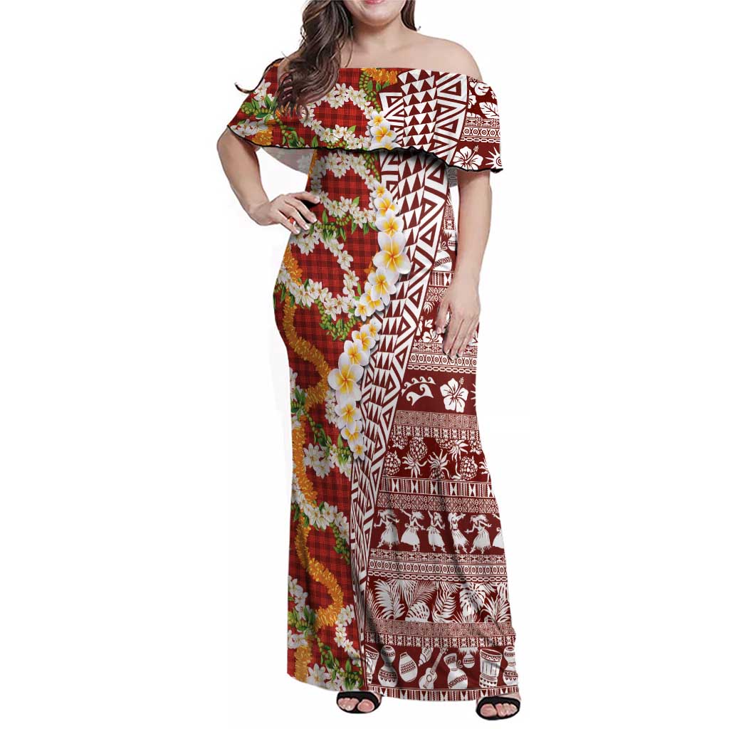Hawaiian Plumeria Lei Family Matching Off Shoulder Maxi Dress and Hawaiian Shirt Kakau Motifs and Palaka Half Style Red Color - Polynesian Pride