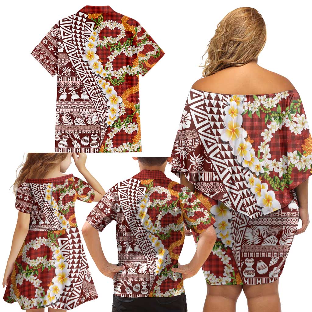 Hawaiian Plumeria Lei Family Matching Off Shoulder Short Dress and Hawaiian Shirt Kakau Motifs and Palaka Half Style Red Color - Polynesian Pride