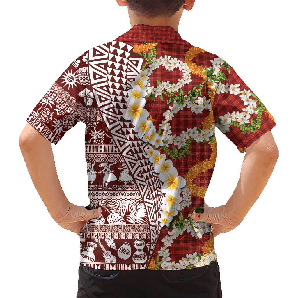 Hawaiian Plumeria Lei Family Matching Puletasi and Hawaiian Shirt Kakau Motifs and Palaka Half Style Red Color - Polynesian Pride
