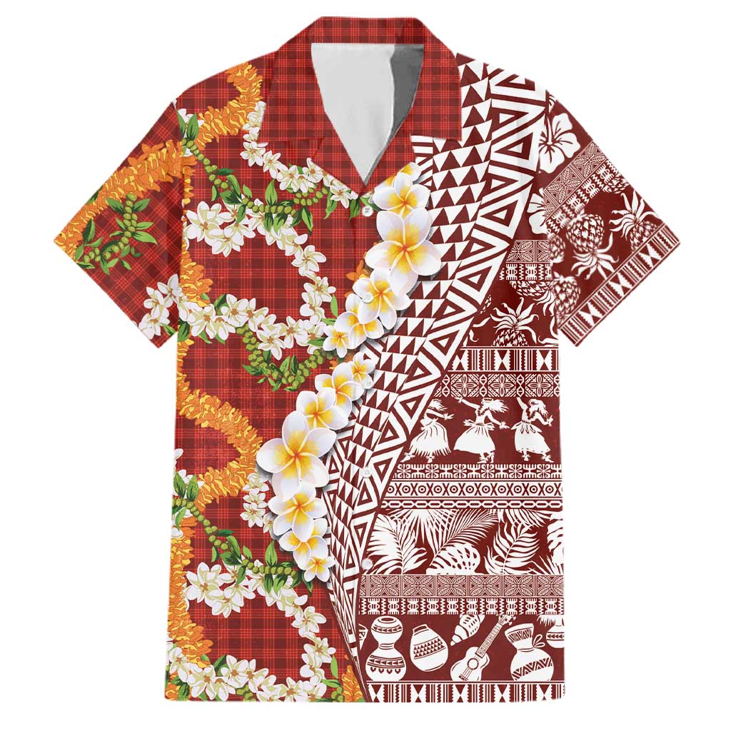 Hawaiian Plumeria Lei Family Matching Puletasi and Hawaiian Shirt Kakau Motifs and Palaka Half Style Red Color - Polynesian Pride