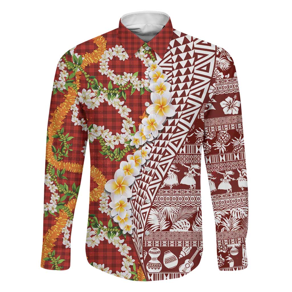 Hawaiian Plumeria Lei Family Matching Puletasi and Hawaiian Shirt Kakau Motifs and Palaka Half Style Red Color - Polynesian Pride