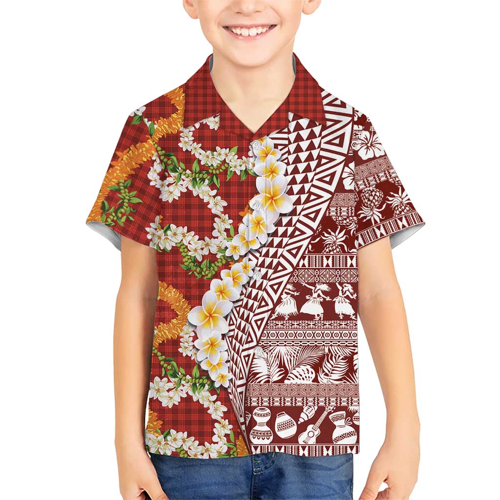 Hawaiian Plumeria Lei Family Matching Puletasi and Hawaiian Shirt Kakau Motifs and Palaka Half Style Red Color - Polynesian Pride