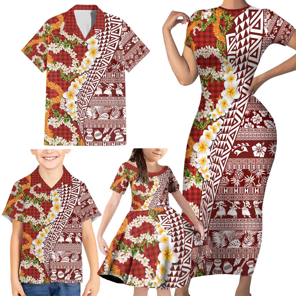 Hawaiian Plumeria Lei Family Matching Short Sleeve Bodycon Dress and Hawaiian Shirt Kakau Motifs and Palaka Half Style Red Color - Polynesian Pride