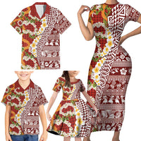 Hawaiian Plumeria Lei Family Matching Short Sleeve Bodycon Dress and Hawaiian Shirt Kakau Motifs and Palaka Half Style Red Color - Polynesian Pride