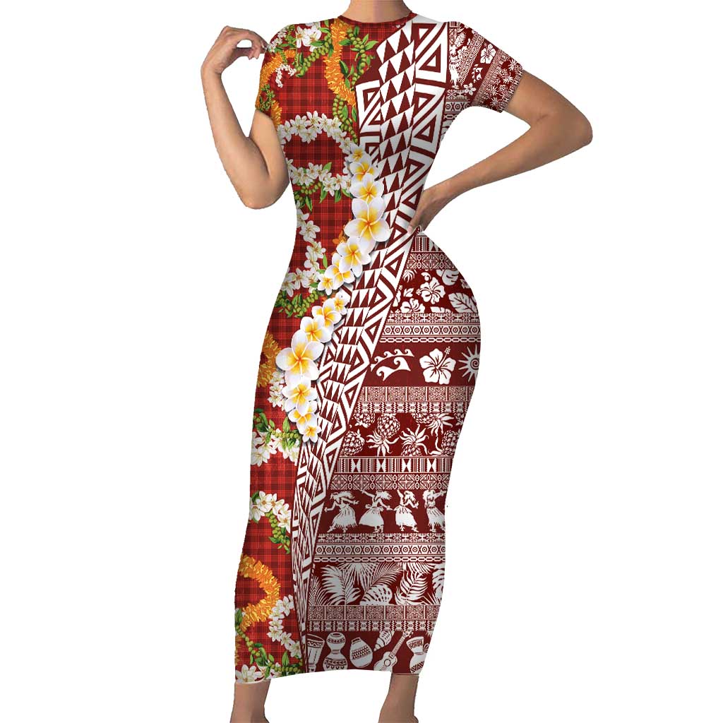 Hawaiian Plumeria Lei Family Matching Short Sleeve Bodycon Dress and Hawaiian Shirt Kakau Motifs and Palaka Half Style Red Color - Polynesian Pride