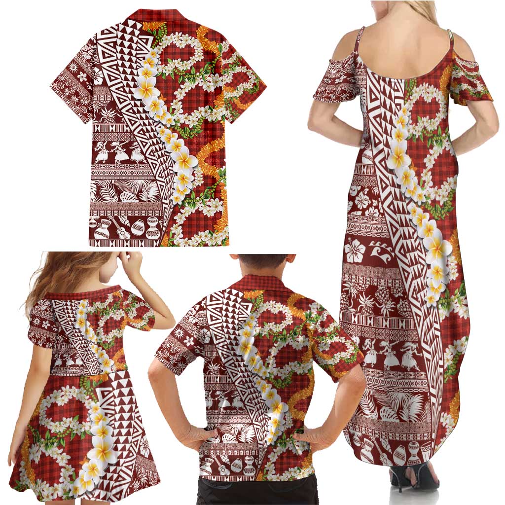 Hawaiian Plumeria Lei Family Matching Summer Maxi Dress and Hawaiian Shirt Kakau Motifs and Palaka Half Style Red Color - Polynesian Pride