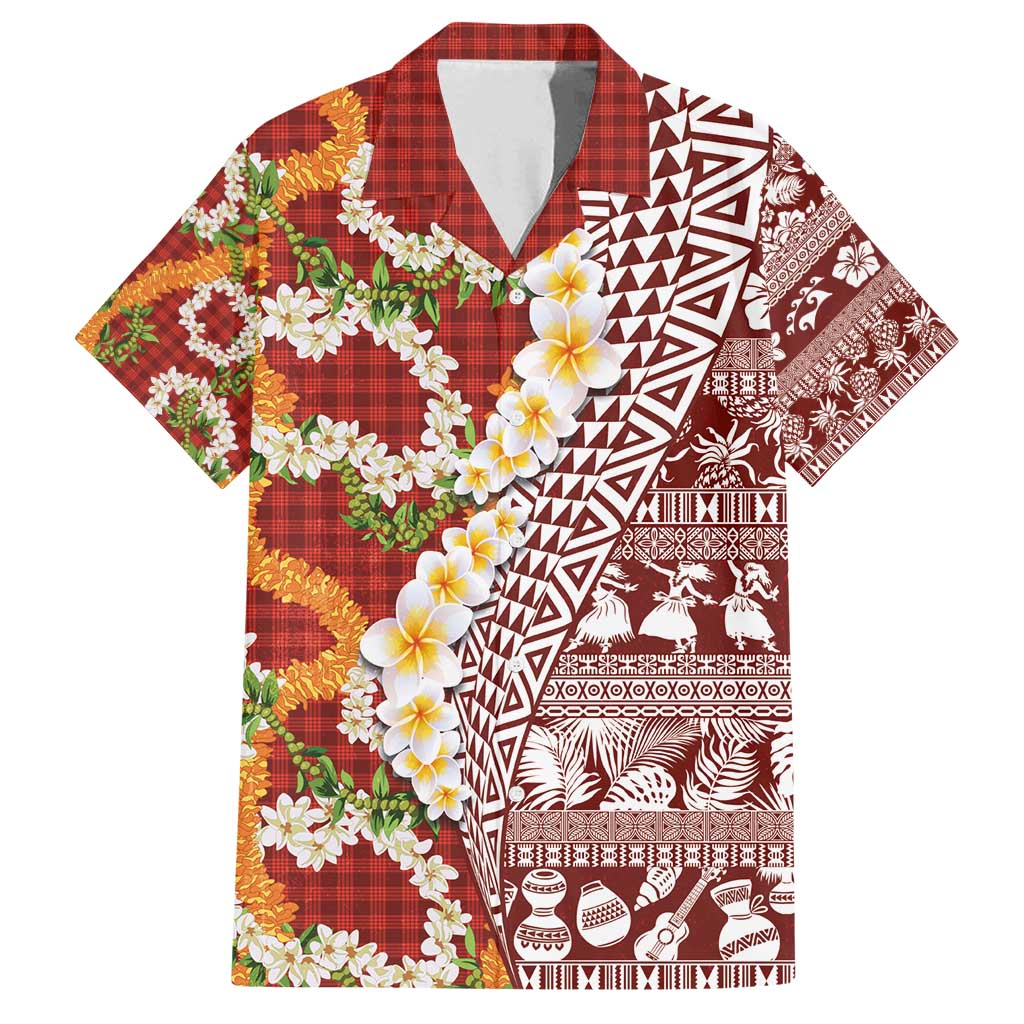 Hawaiian Plumeria Lei Family Matching Summer Maxi Dress and Hawaiian Shirt Kakau Motifs and Palaka Half Style Red Color - Polynesian Pride
