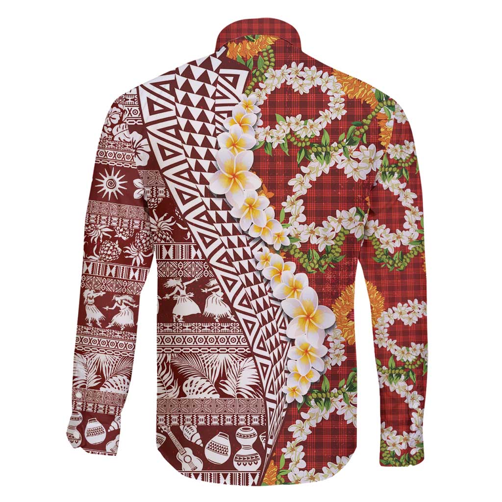 Hawaiian Plumeria Lei Family Matching Tank Maxi Dress and Hawaiian Shirt Kakau Motifs and Palaka Half Style Red Color - Polynesian Pride