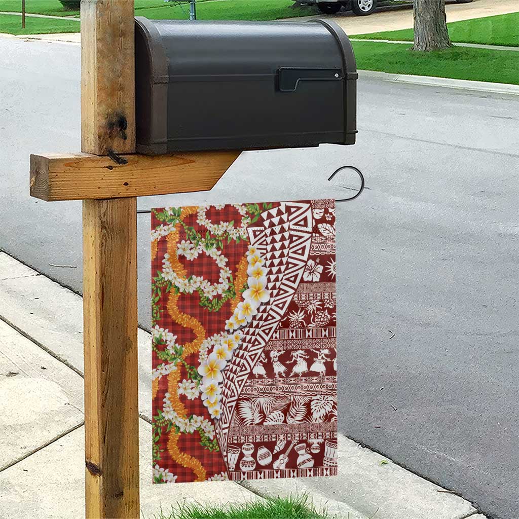 Hawaiian Plumeria Lei Garden Flag Kakau Motifs and Palaka Half Style Red Color - Polynesian Pride