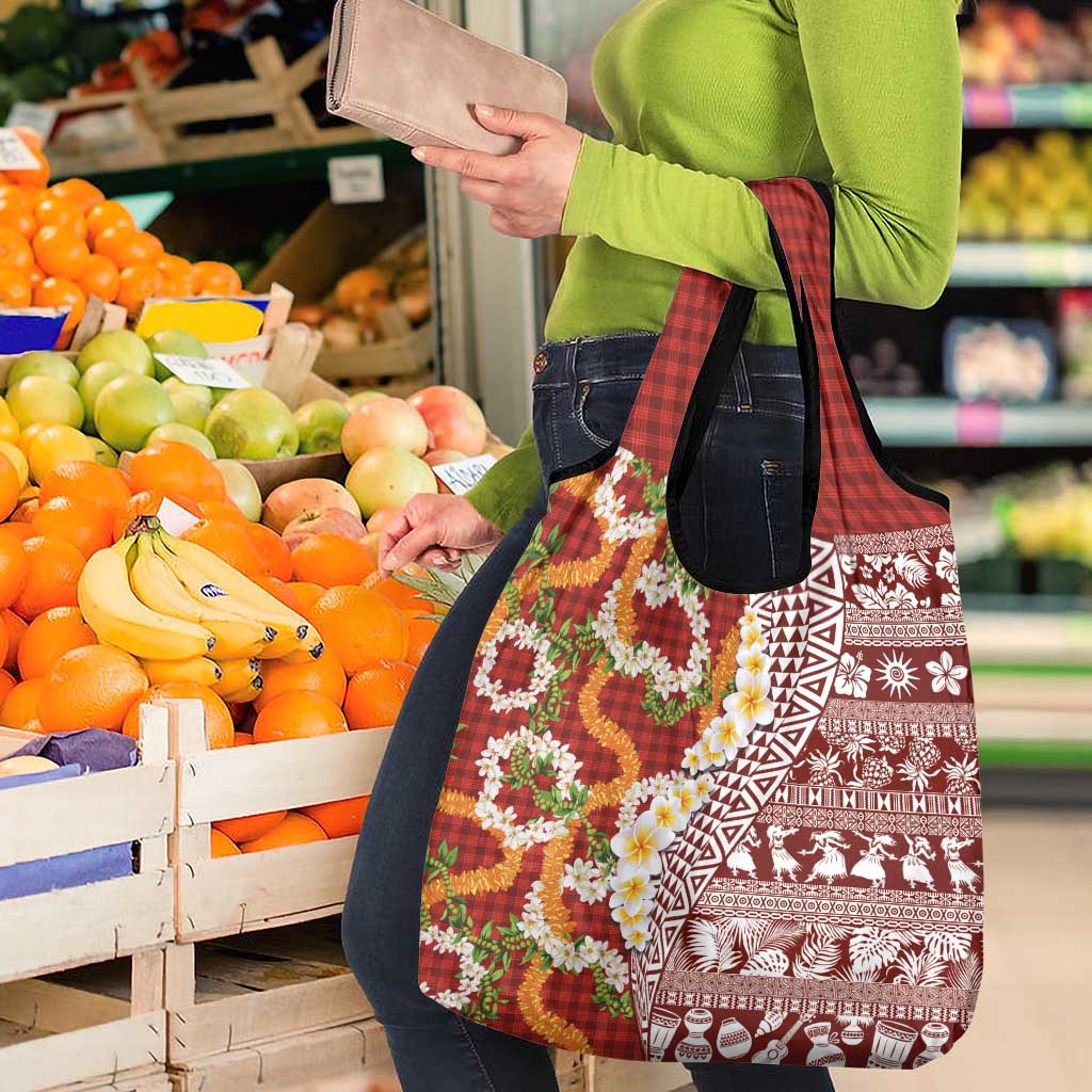 Hawaiian Plumeria Lei Grocery Bag Kakau Motifs and Palaka Half Style Red Color - Polynesian Pride