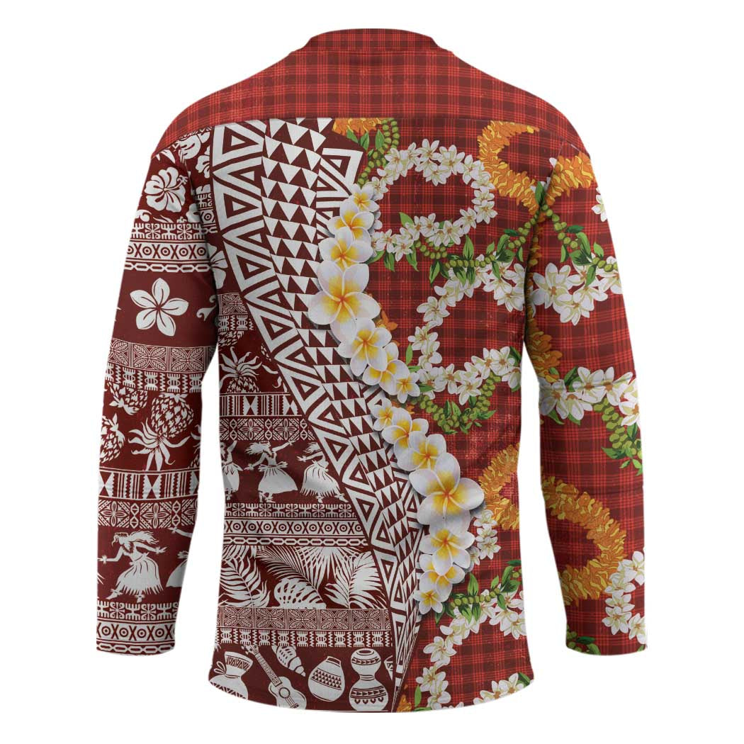 Hawaiian Plumeria Lei Hockey Jersey Kakau Motifs and Palaka Half Style Red Color - Polynesian Pride