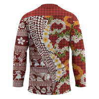 Hawaiian Plumeria Lei Hockey Jersey Kakau Motifs and Palaka Half Style Red Color - Polynesian Pride