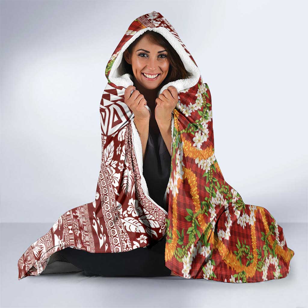 Hawaiian Plumeria Lei Hooded Blanket Kakau Motifs and Palaka Half Style Red Color LT03 - Polynesian Pride