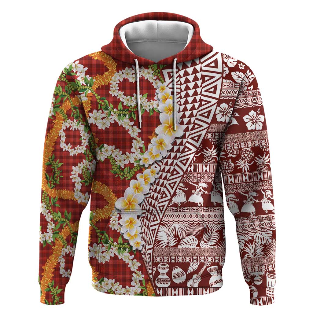 Hawaiian Plumeria Lei Hoodie Kakau Motifs and Palaka Half Style Red Color - Polynesian Pride