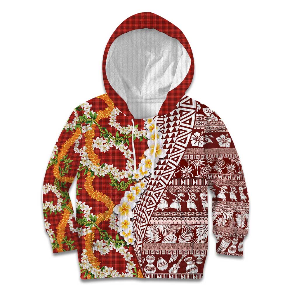 Hawaiian Plumeria Lei Kid Hoodie Kakau Motifs and Palaka Half Style Red Color - Polynesian Pride