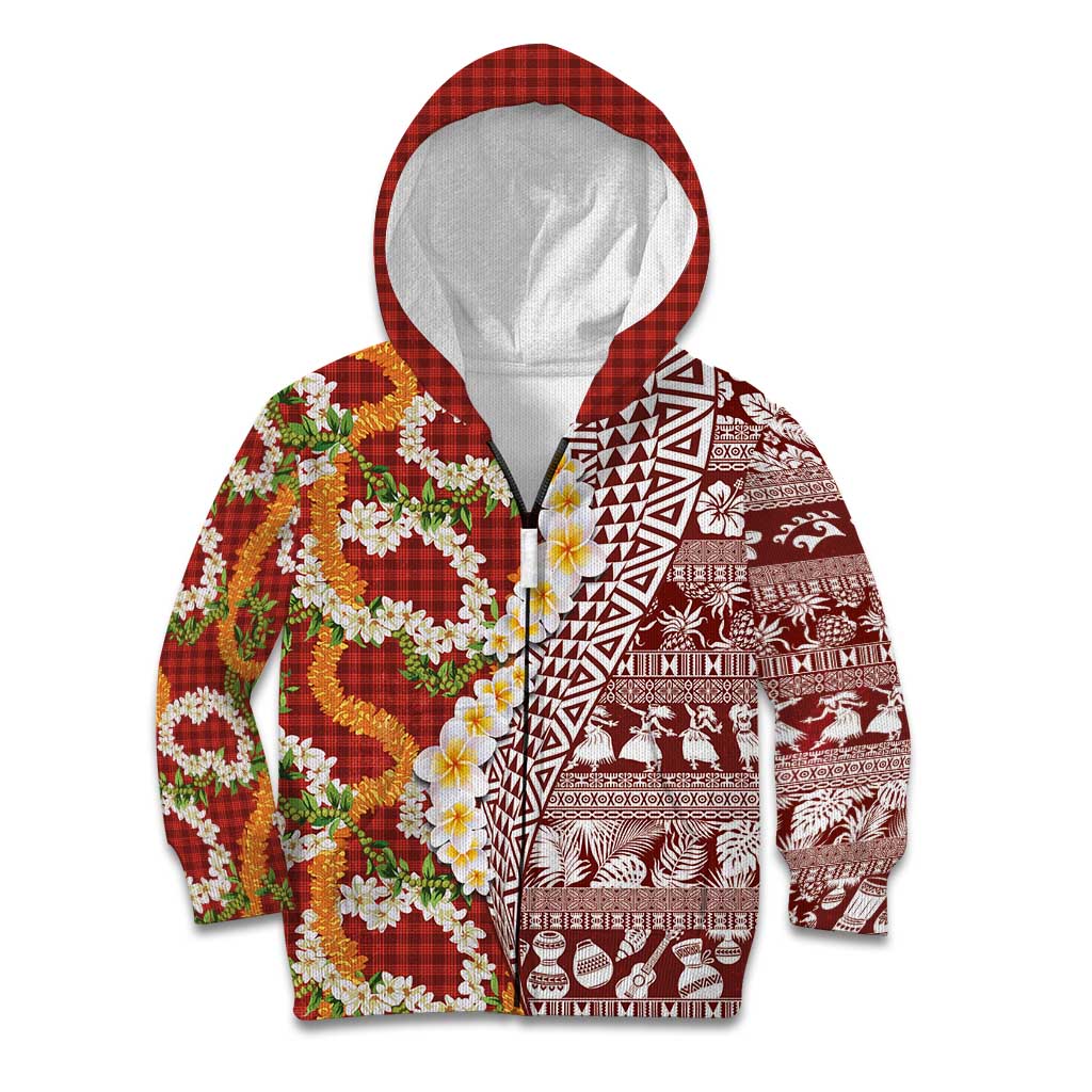 Hawaiian Plumeria Lei Kid Hoodie Kakau Motifs and Palaka Half Style Red Color - Polynesian Pride