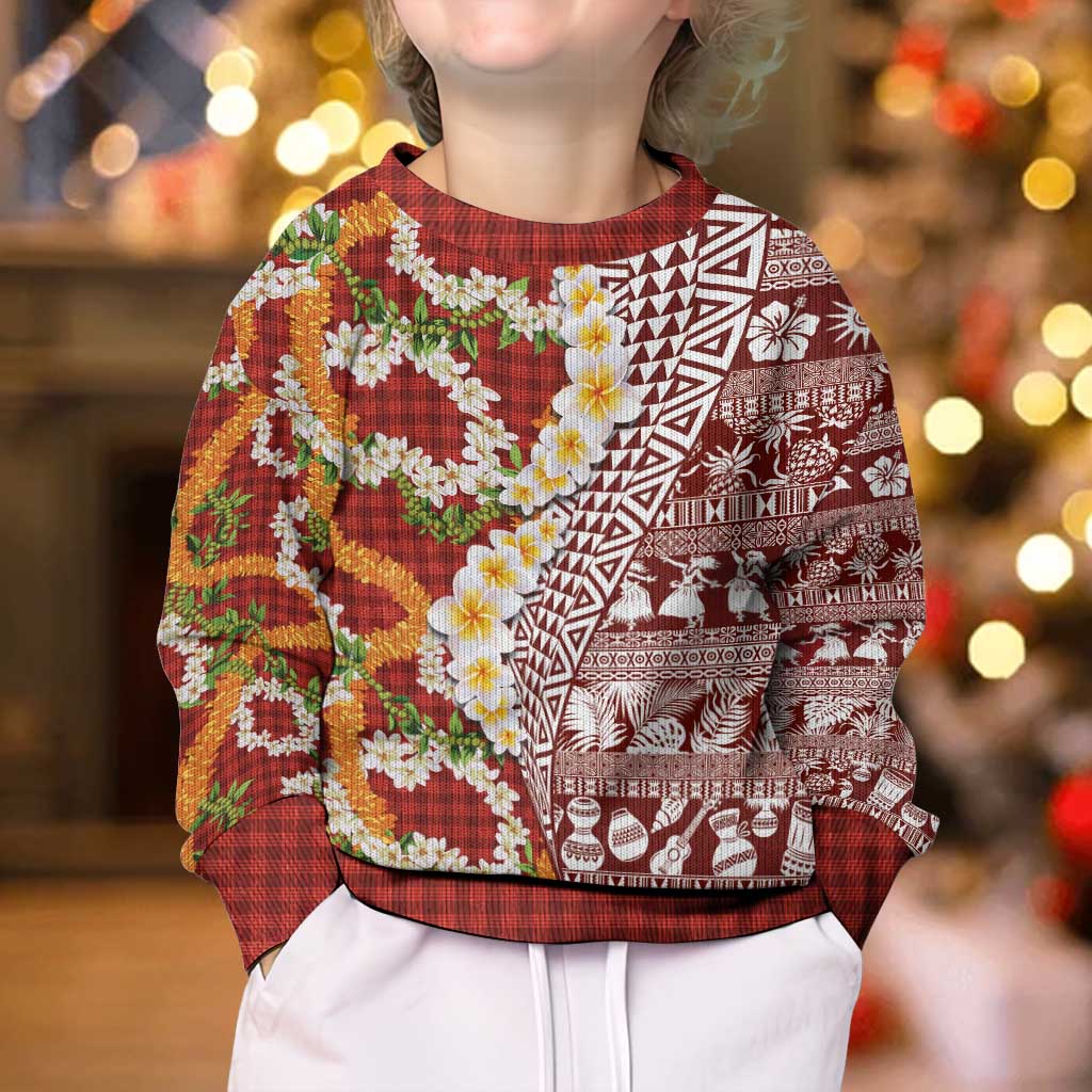 Hawaiian Plumeria Lei Kid Ugly Christmas Sweater Kakau Motifs and Palaka Half Style Red Color - Polynesian Pride