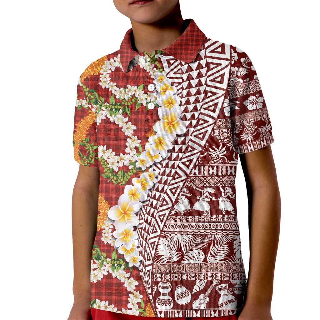 Hawaiian Plumeria Lei Kid Polo Shirt Kakau Motifs and Palaka Half Style Red Color - Polynesian Pride