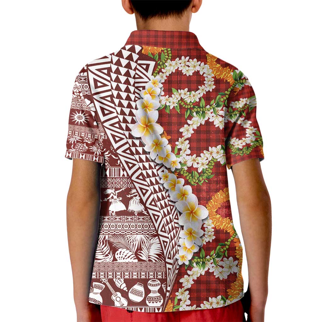 Hawaiian Plumeria Lei Kid Polo Shirt Kakau Motifs and Palaka Half Style Red Color - Polynesian Pride