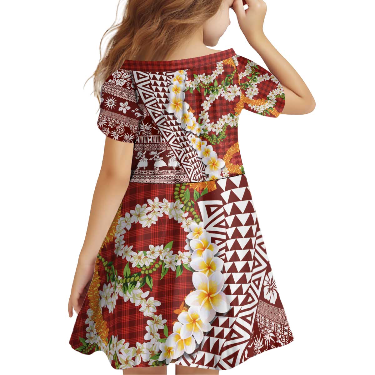 Hawaiian Plumeria Lei Kid Short Sleeve Dress Kakau Motifs and Palaka Half Style Red Color - Polynesian Pride