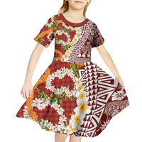 Hawaiian Plumeria Lei Kid Short Sleeve Dress Kakau Motifs and Palaka Half Style Red Color - Polynesian Pride