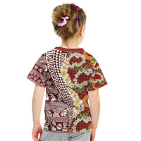 Hawaiian Plumeria Lei Kid T Shirt Kakau Motifs and Palaka Half Style Red Color - Polynesian Pride