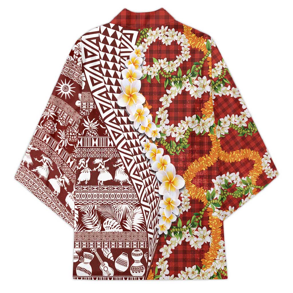 Hawaiian Plumeria Lei Kimono Kakau Motifs and Palaka Half Style Red Color - Polynesian Pride