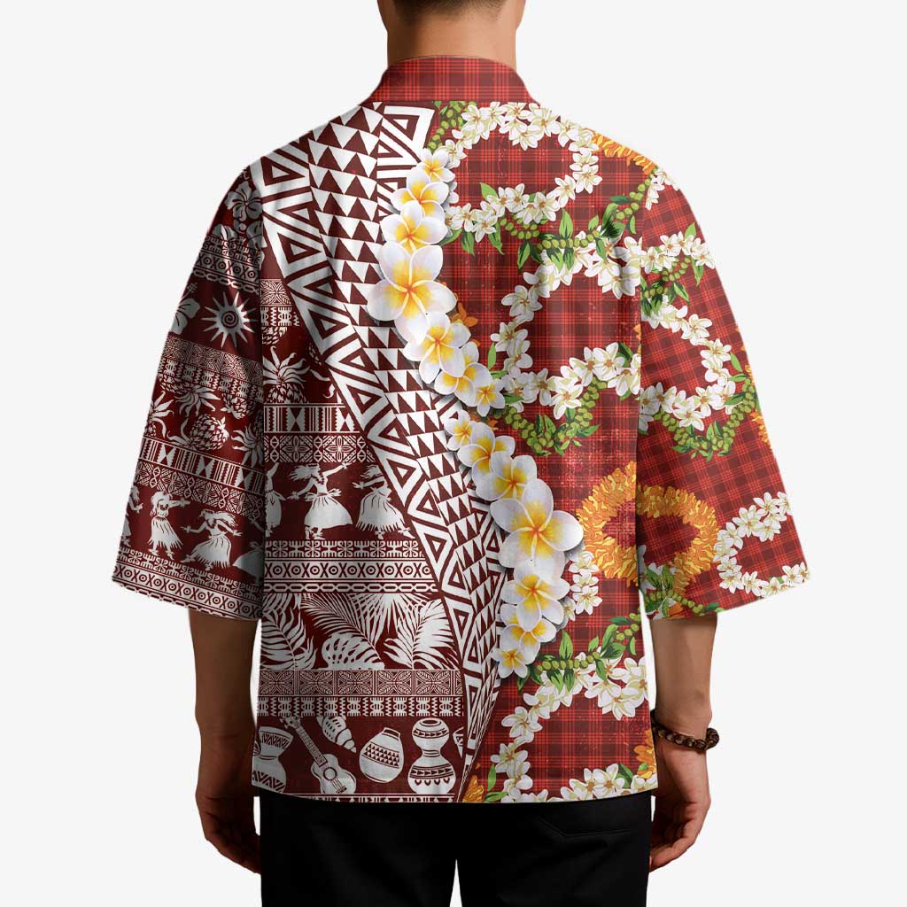 Hawaiian Plumeria Lei Kimono Kakau Motifs and Palaka Half Style Red Color - Polynesian Pride