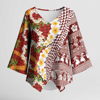 Hawaiian Plumeria Lei Kimono Sleeve Blouse Kakau Motifs and Palaka Half Style Red Color LT03 Female Red - Polynesian Pride