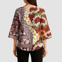 Hawaiian Plumeria Lei Kimono Sleeve Blouse Kakau Motifs and Palaka Half Style Red Color LT03 - Polynesian Pride