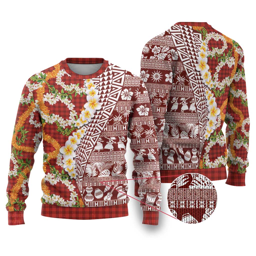 Hawaiian Plumeria Lei Ugly Christmas Sweater Kakau Motifs and Palaka Half Style Red Color - Polynesian Pride