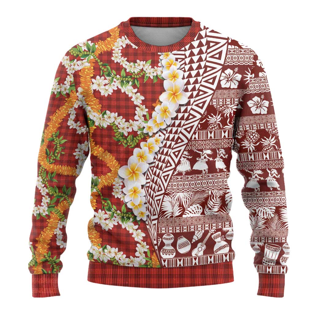 Hawaiian Plumeria Lei Ugly Christmas Sweater Kakau Motifs and Palaka Half Style Red Color - Polynesian Pride