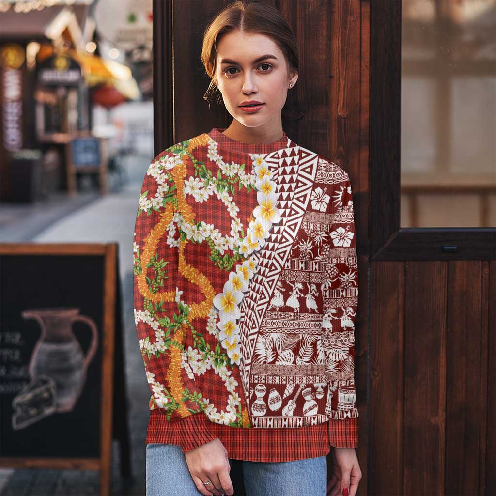Hawaiian Plumeria Lei Ugly Christmas Sweater Kakau Motifs and Palaka Half Style Red Color - Polynesian Pride
